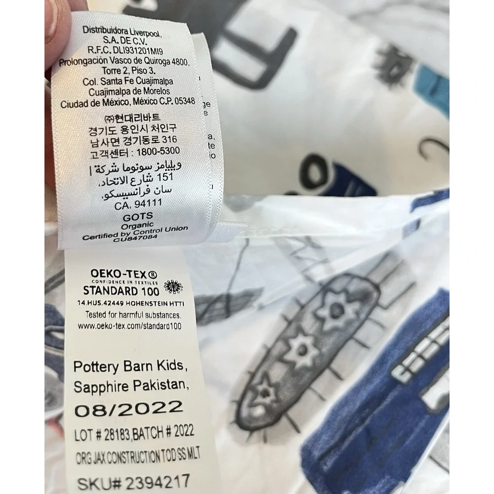 Pottery Barn Kids Toddler Flat Sheet Jax Construction 100% Organic Cotton